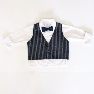 Michael James Toddler White Button Tuxedo Shirt W/ Navy Blue Vest and Bow Tie